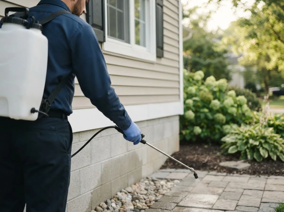 Pest control technician inspecting a home in New Haven, NY